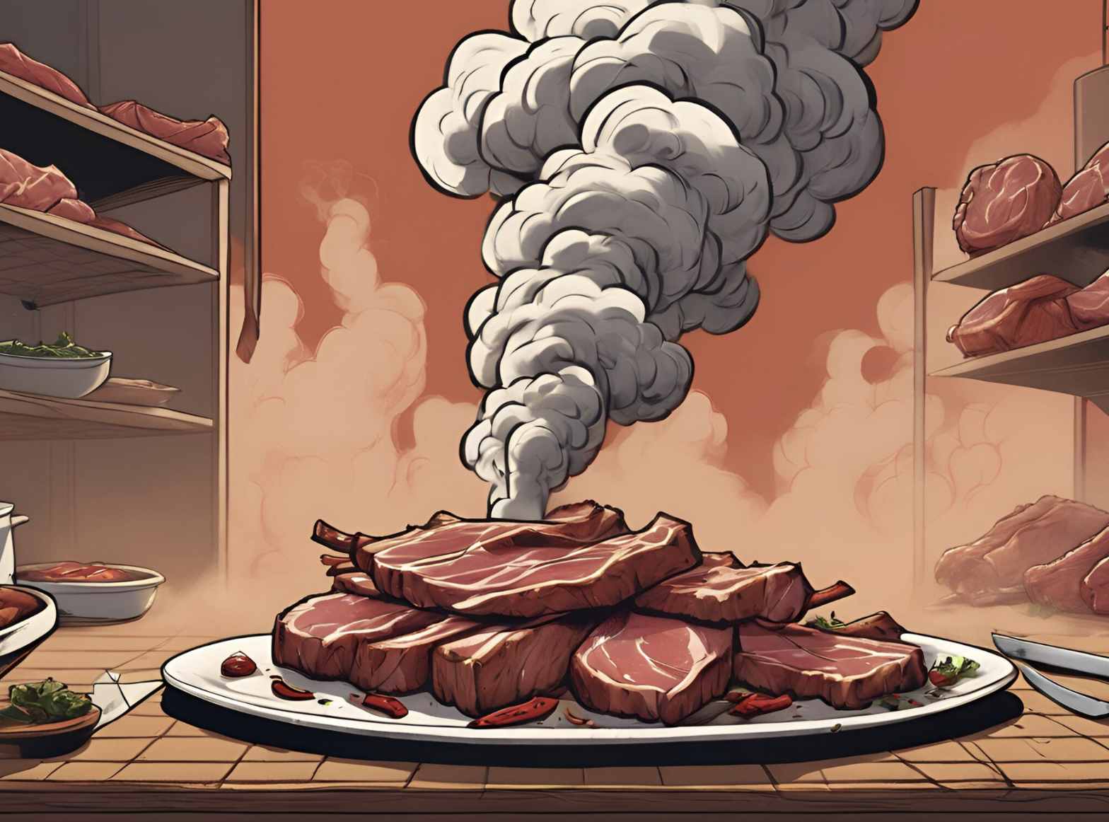 illustration of a plate of meat emitting noxious gases